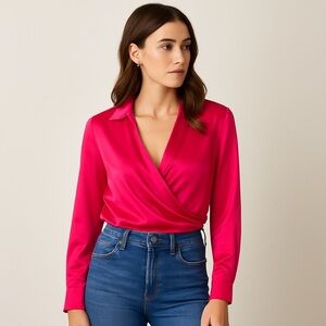 NWT Rachel Zoe Hot Pink Satin Drape Blouse M